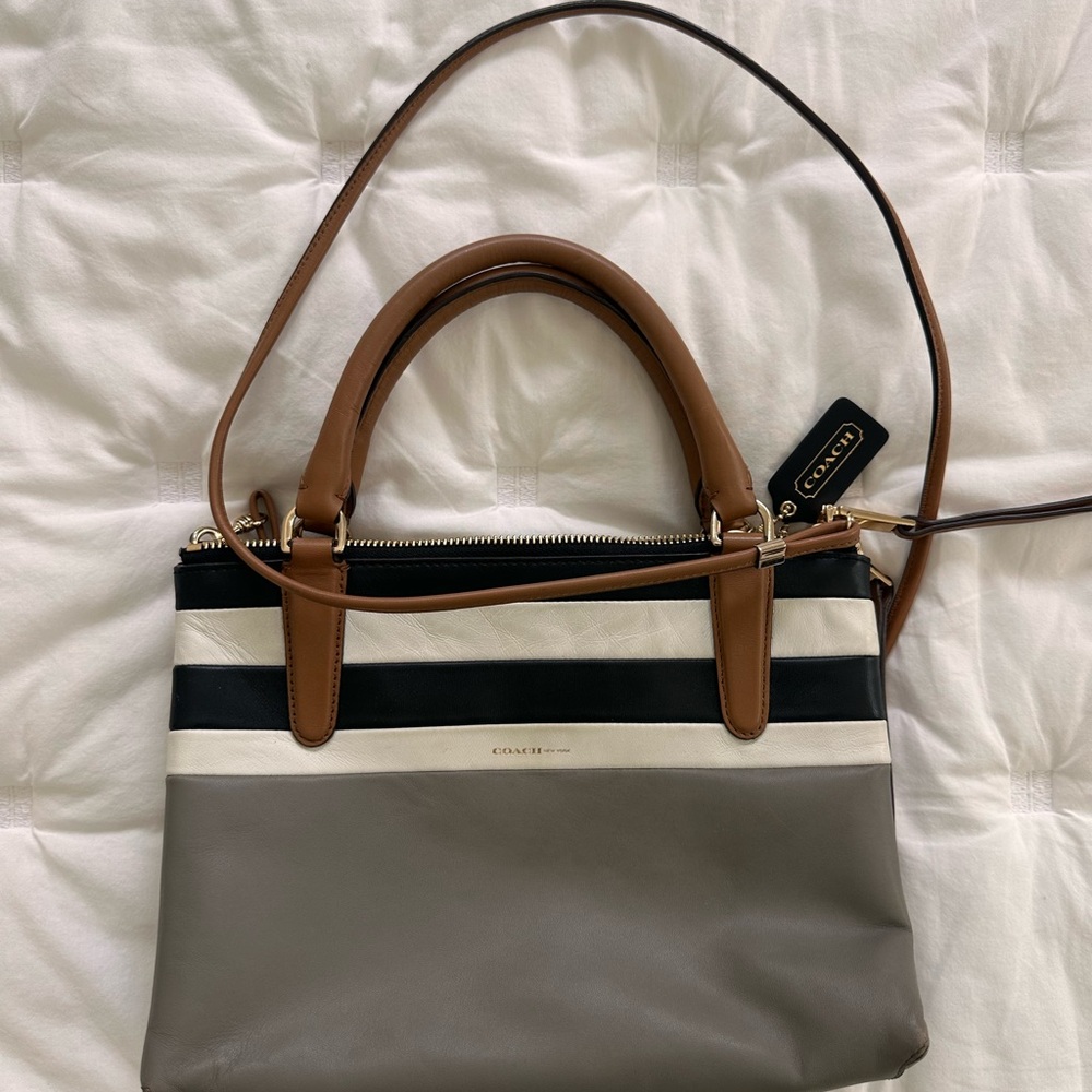 COACH Stripe Leather Satchel in Brown, Black, White & Gray